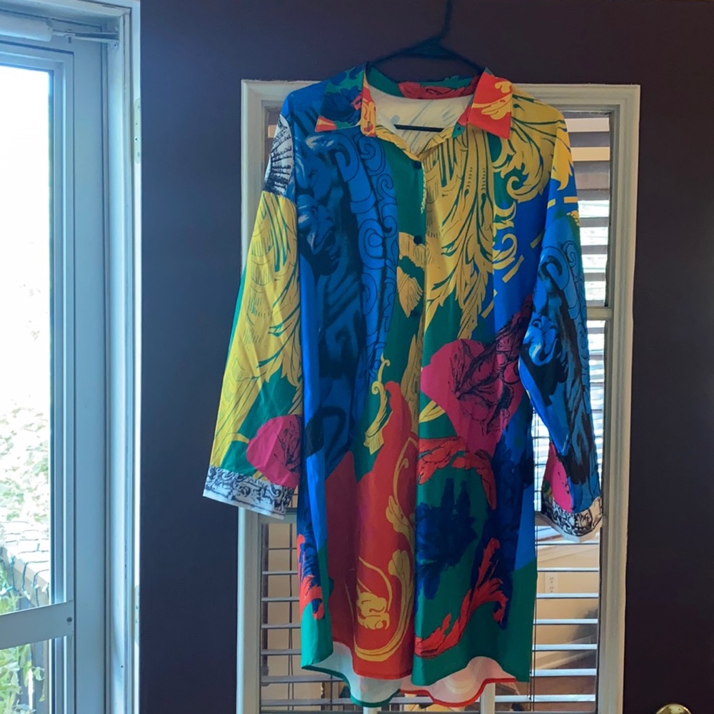 Multi colored silk shirt dress/ cover up NWOT